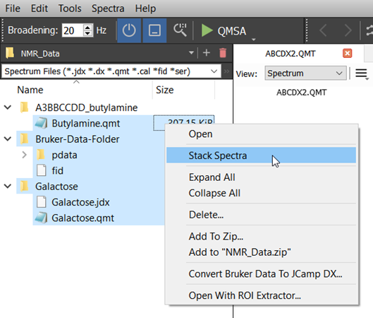 Stacking spectra is possible also via the popup menu.