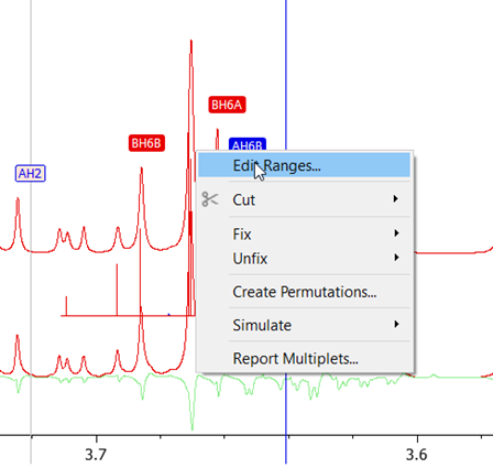 Right clicking a chemical shift label pops up a menu.