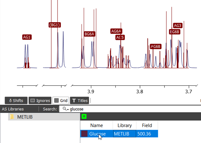 Search and select a metabolite. The green upward arrow button adds the selected metabolite to the spectrum.