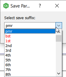 Save dialog. Existing files are shown in red.